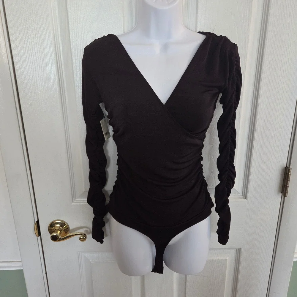 Free People Intimately NWT Hot Fudge Brown Ruched Sleeve Wrap Bodysuit Small